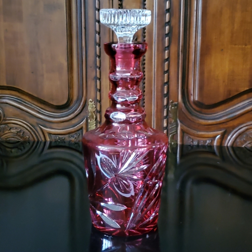 12" Crystal Cranberry Cut To Clear Bohemian Decanter EUC